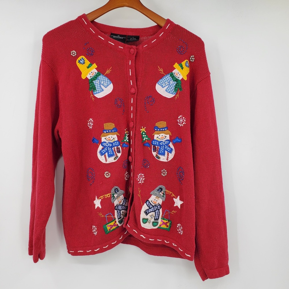In Resource Vintage Snowman Beaded Christmas Cardigan Sweater L 90s Nostalgia